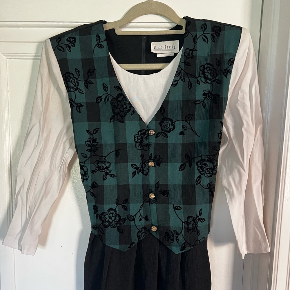 Vintage 80s Miss Dorby Oktoberfest Plaid Floral Maxi Dress Size 10 Green Gingham - Picture 4 of 14